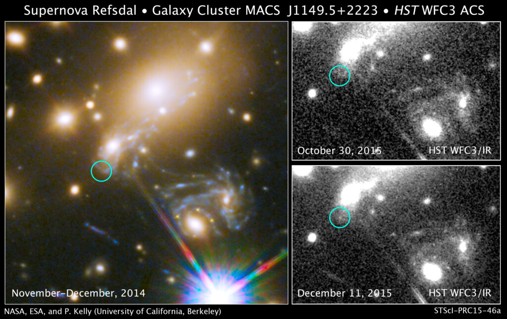 （左）2014年に初めて観測された超新星爆発「レフスダール」 （右）再出現した「レフスダール」の五番目の重力レンズ複数像の検出