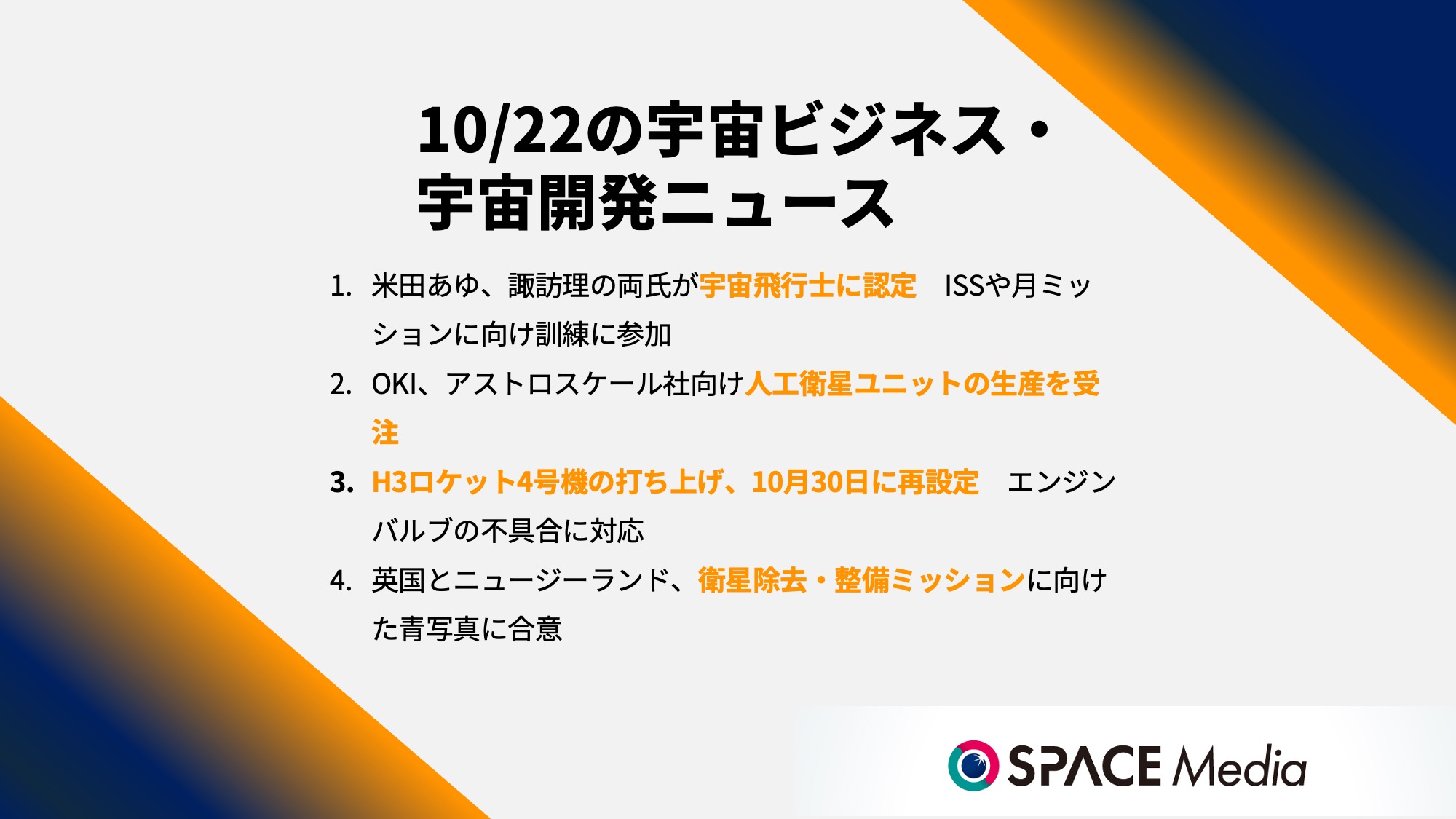 10/22宇宙ニュース・米田あゆ、諏訪理の両氏が宇宙飛行士に認定 ほか3件