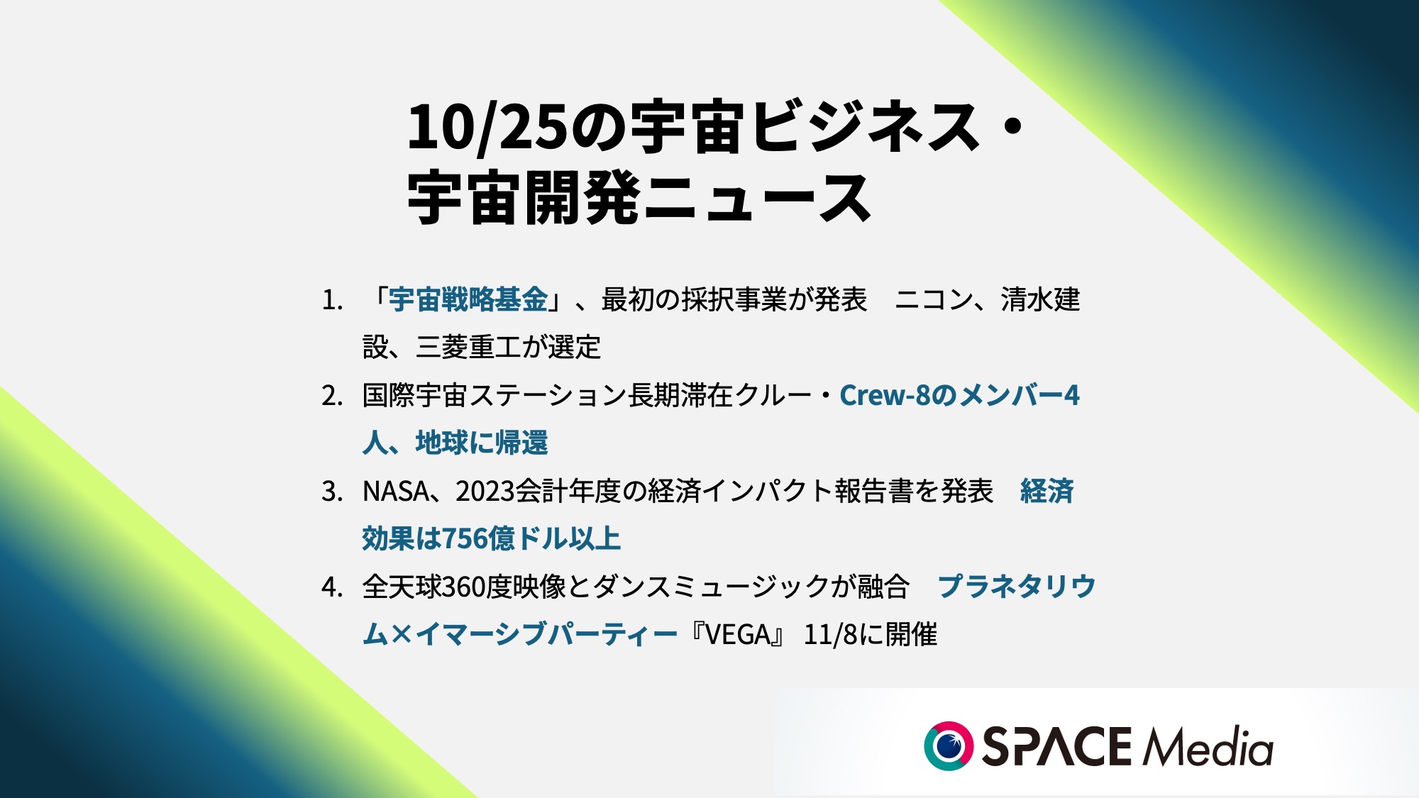 10/25宇宙ニュース・「宇宙戦略基金」、最初の採択事業が発表　ニコン、清水建設、三菱重工 ほか3件