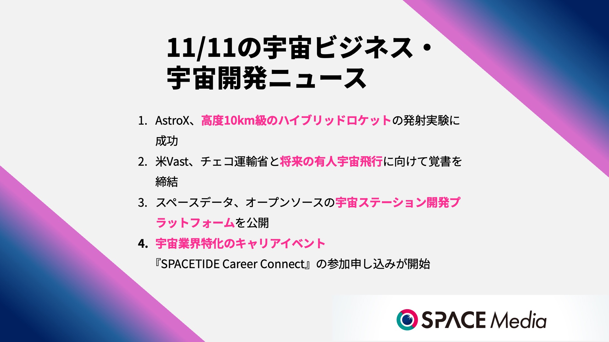 11/11宇宙ニュース・AstroX、高度10km級のハイブリッドロケットの発射実験に成功 ほか3件