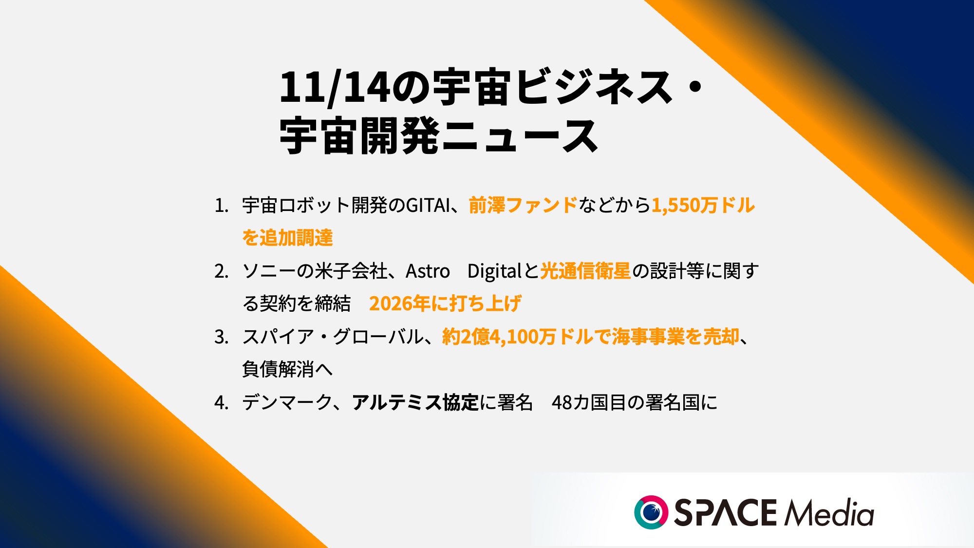 11/14宇宙ニュース・宇宙ロボット開発のGITAI、前澤ファンドなどから1,550万ドルを追加調達 ほか3件