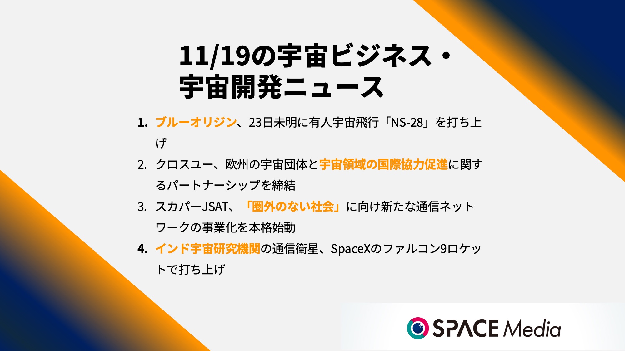 11/19宇宙ニュース・ブルーオリジン、23日未明に有人宇宙飛行「NS-28」を打ち上げ ほか3件