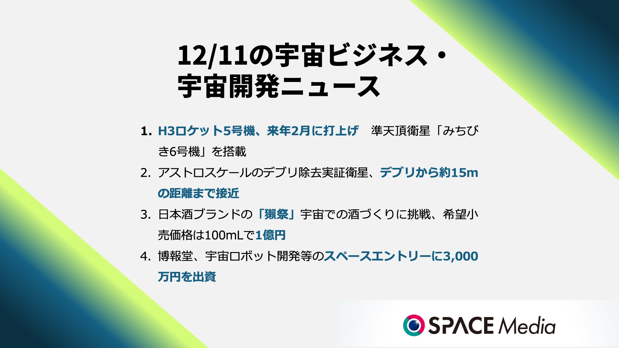 12/11宇宙ニュース・H3ロケット5号機、来年2月に打上げ　準天頂衛星「みちびき6号機」を搭載 ほか3件