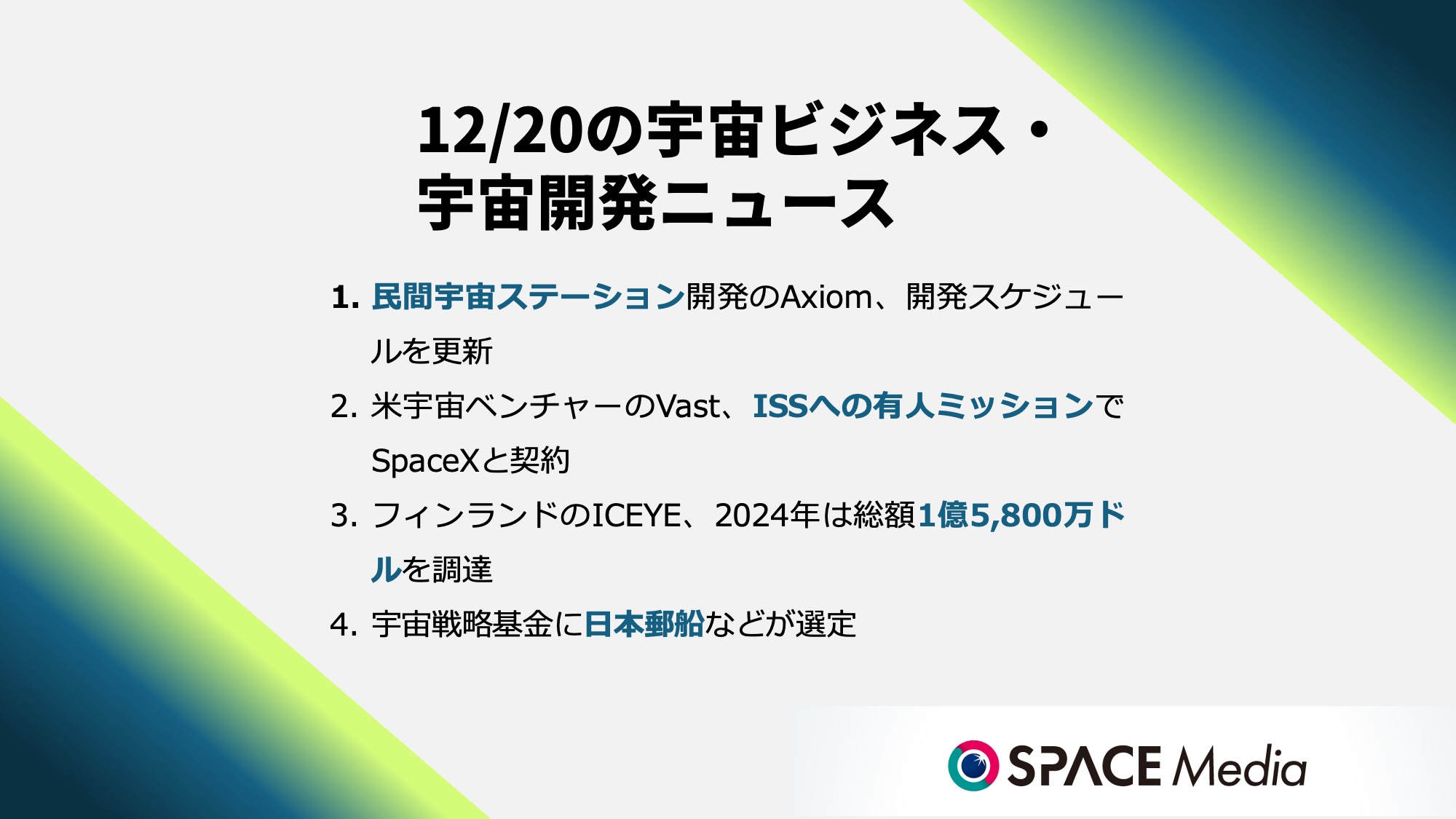 12/20宇宙ニュース・民間宇宙ステーション開発のAxiom、開発スケジュールを更新 ほか3件