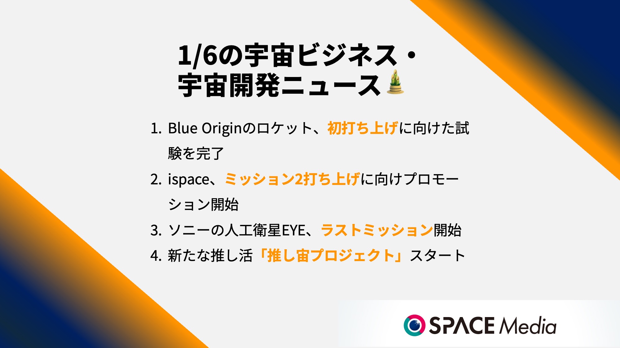 1/6宇宙ニュース・Blue Originのロケット「ニュー・グレン」、初打ち上げに向けた試験を完了 ほか3件