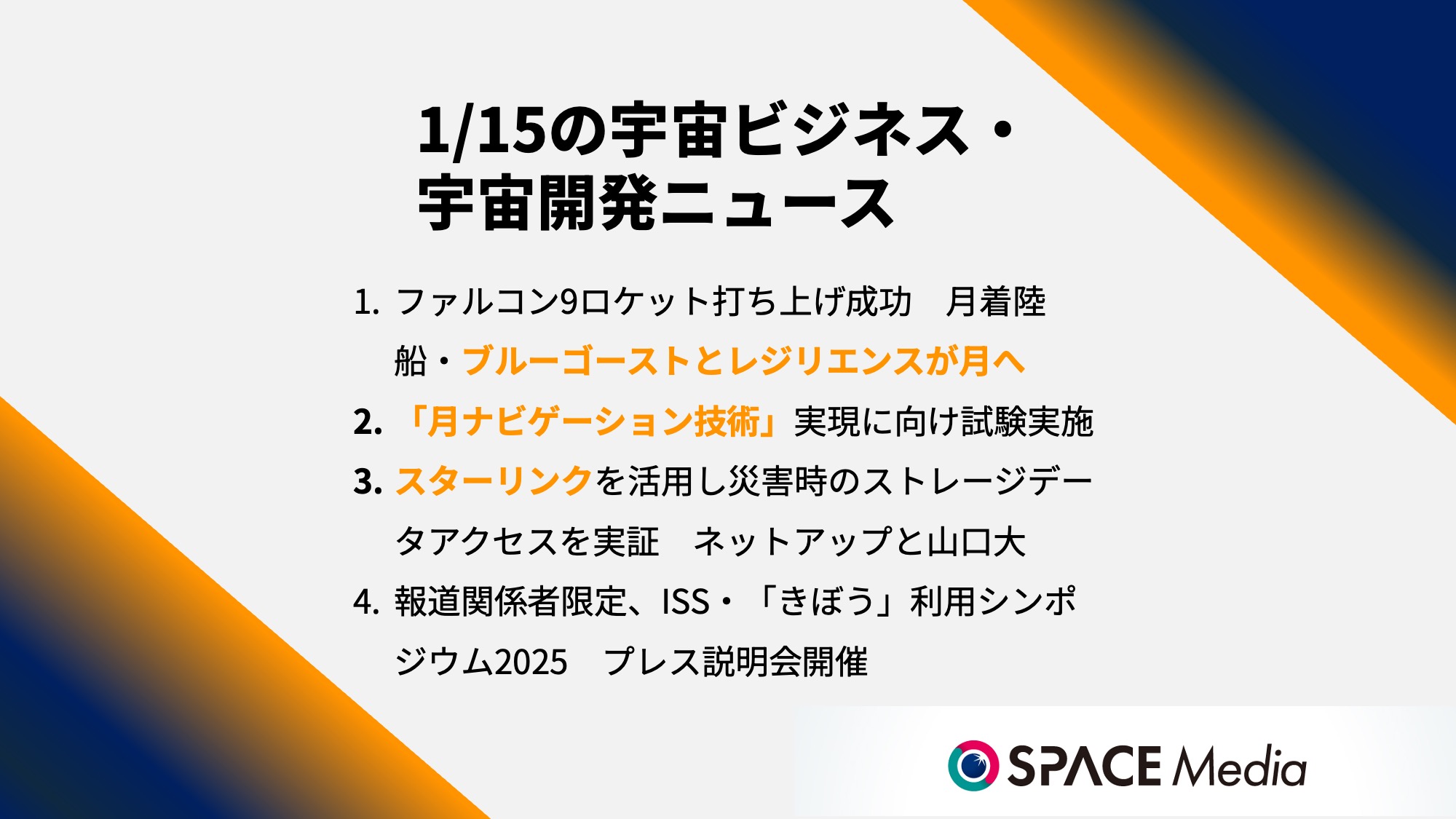 1/15宇宙ニュース・ファルコン9ロケット打ち上げ成功　月着陸船・ブルーゴーストとレジリエンスが月へ ほか3件