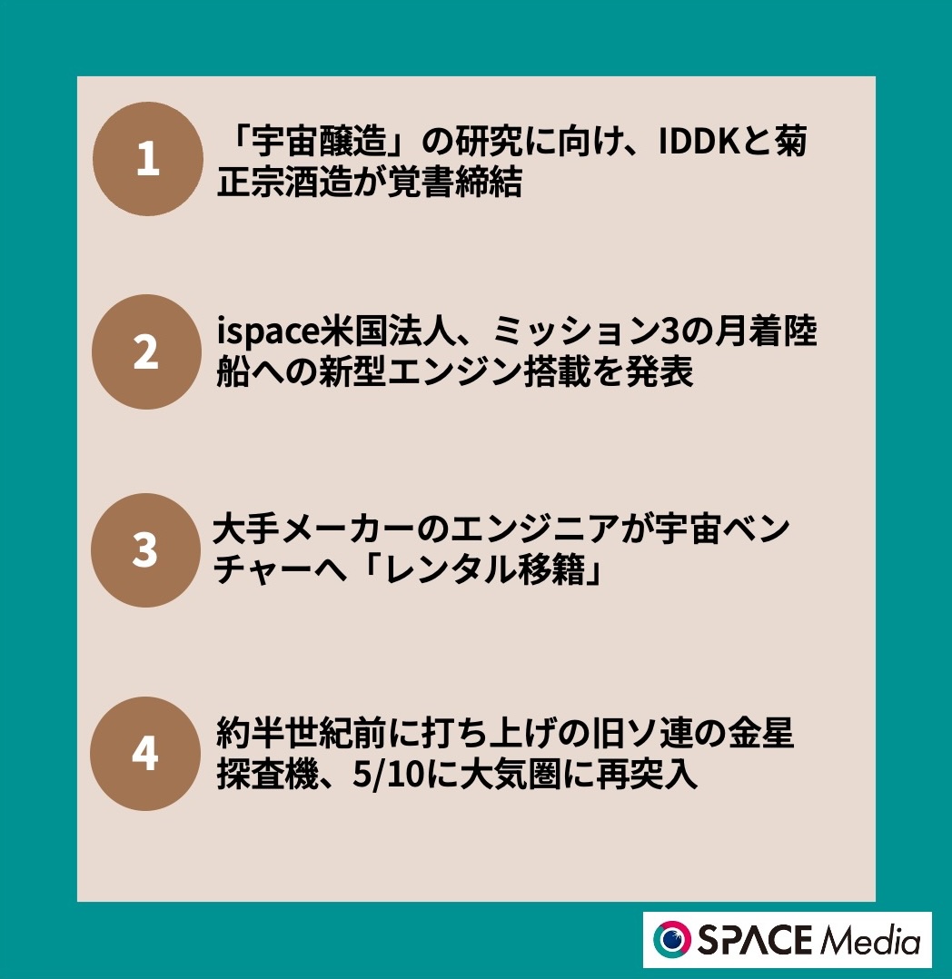 5/12宇宙ニュース・「宇宙醸造」の研究に向け、IDDKと菊正宗酒造が覚書締結 ほか3件