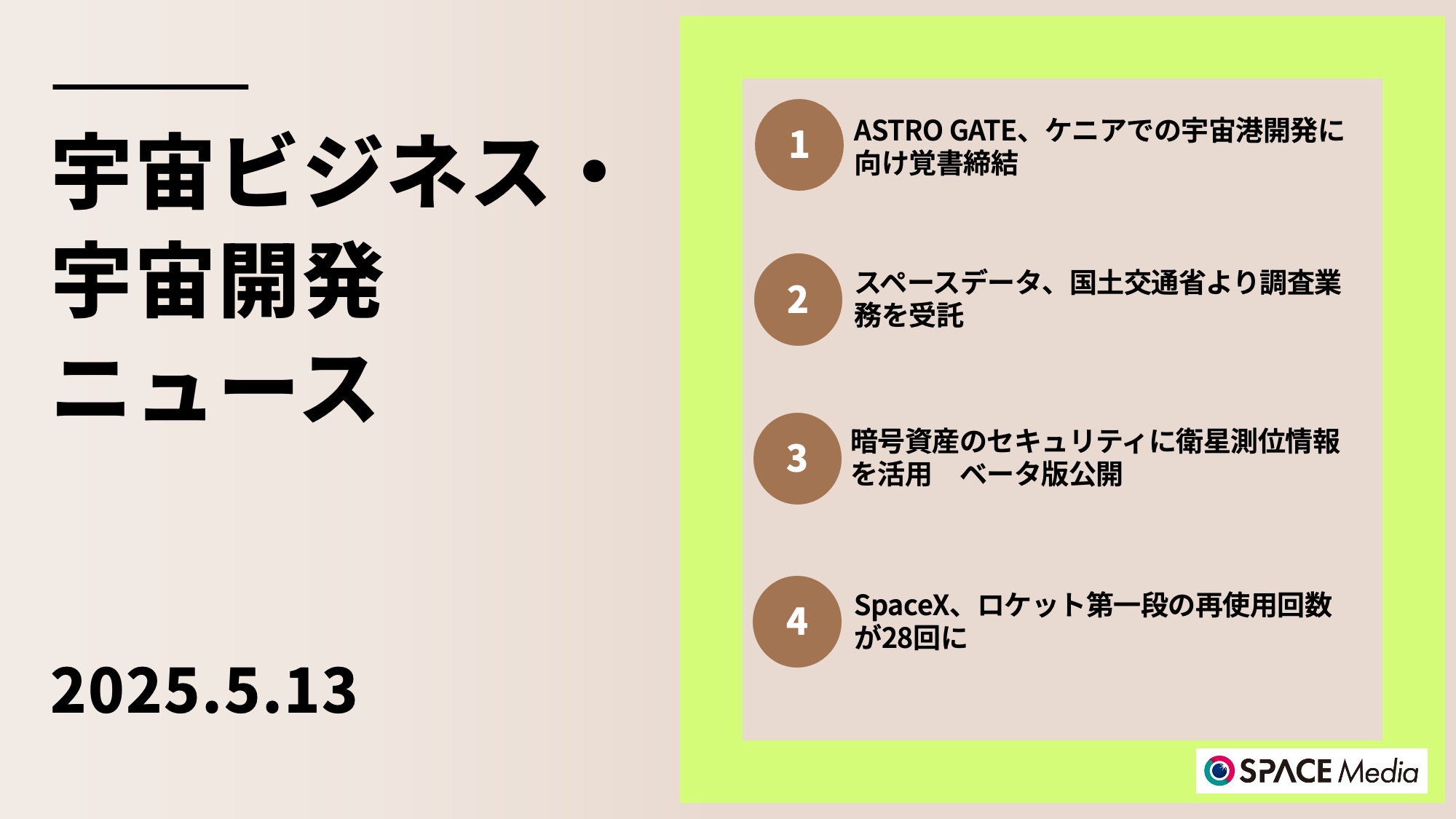 5/13宇宙ニュース・ASTRO GATE、ケニアでの宇宙港開発に向けケニアと米国の企業と覚書締結 ほか3件