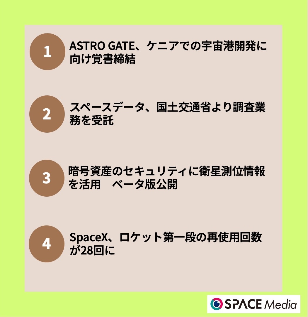5/13宇宙ニュース・ASTRO GATE、ケニアでの宇宙港開発に向けケニアと米国の企業と覚書締結 ほか3件
