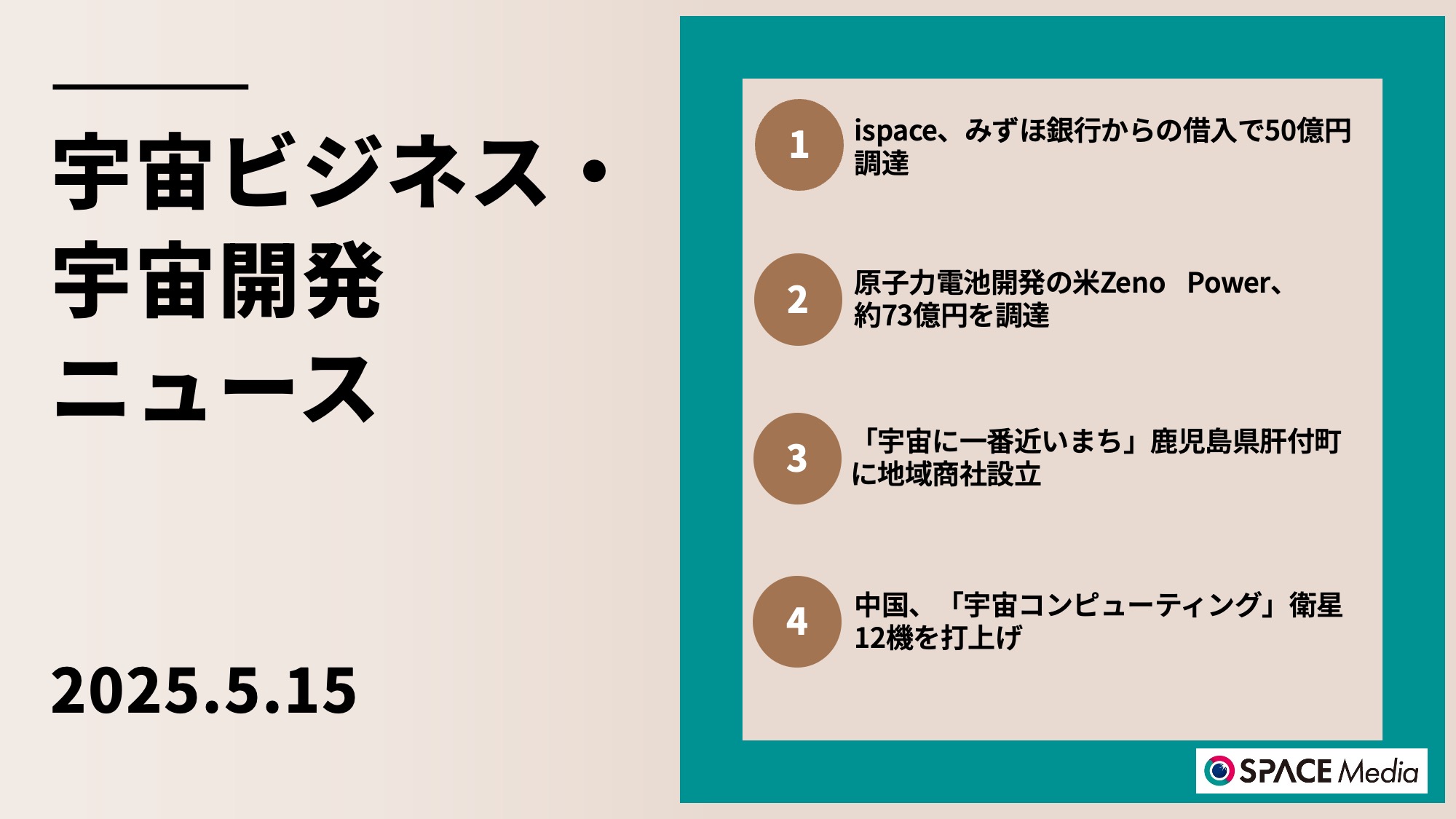 5/15宇宙ニュース・月資源開発のispace、みずほ銀行からの借入で50億円を調達 ほか3件
