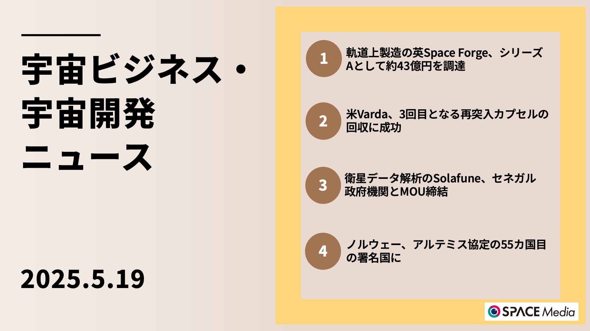 5/19宇宙ニュース・軌道上製造の英Space Forge、シリーズAとして約43億円を調達 ほか3件