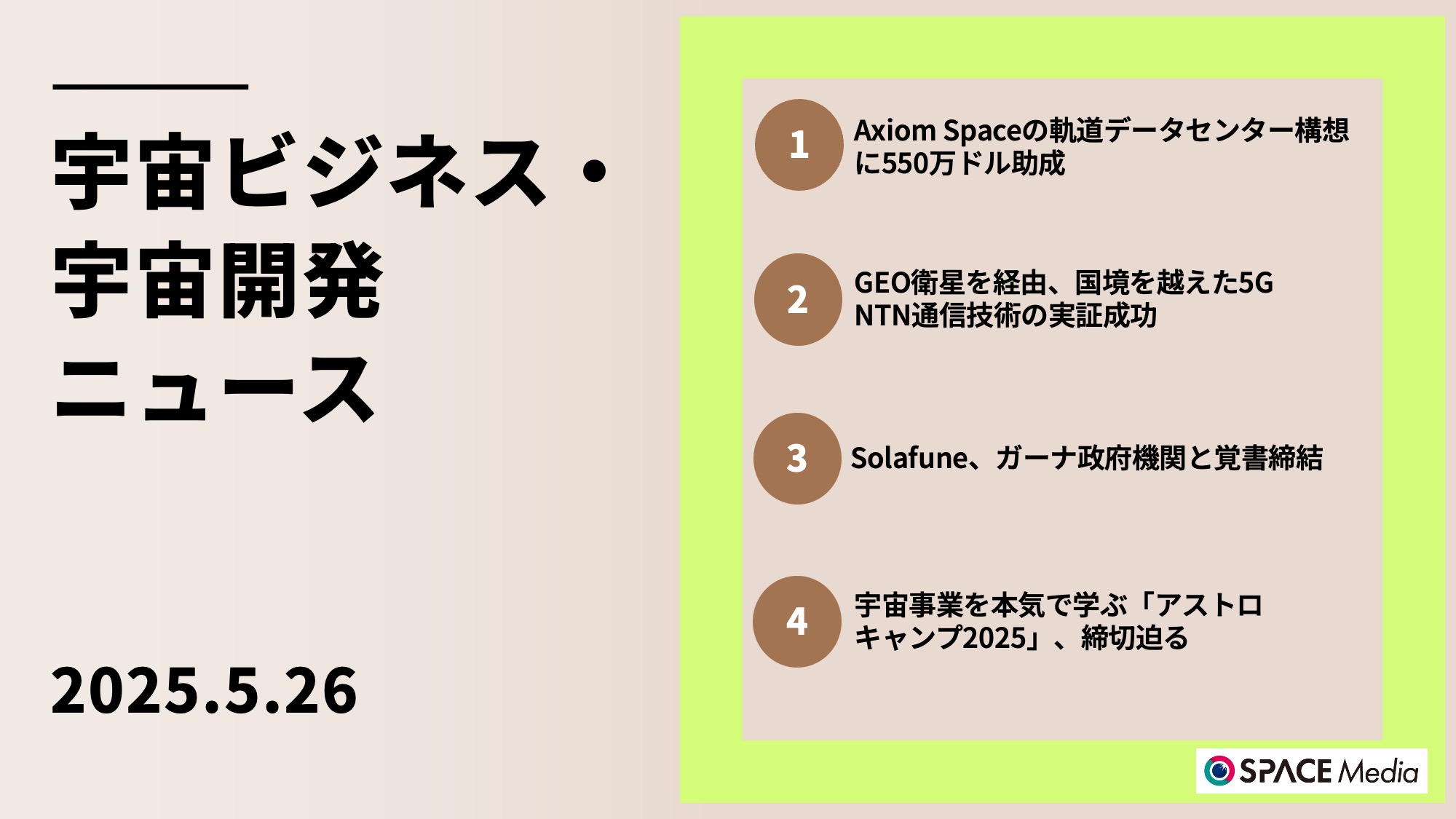 5/26宇宙ニュース・Axiom Spaceの軌道上データセンター構想に550万ドルを助成 ほか3件