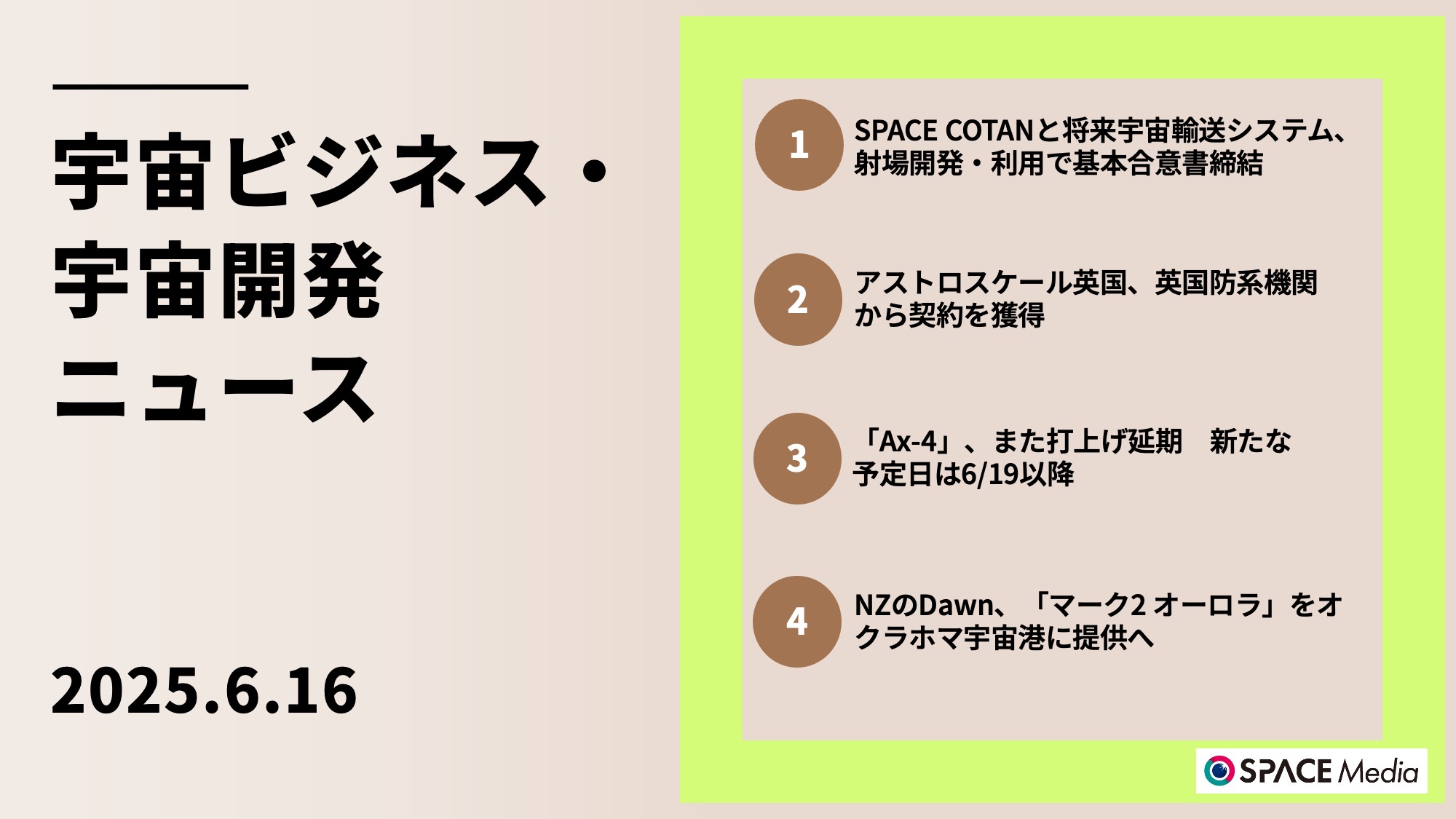 6/16宇宙ニュース・SPACE COTANと将来宇宙輸送システム、射場開発・利用で基本合意書締結 ほか3件