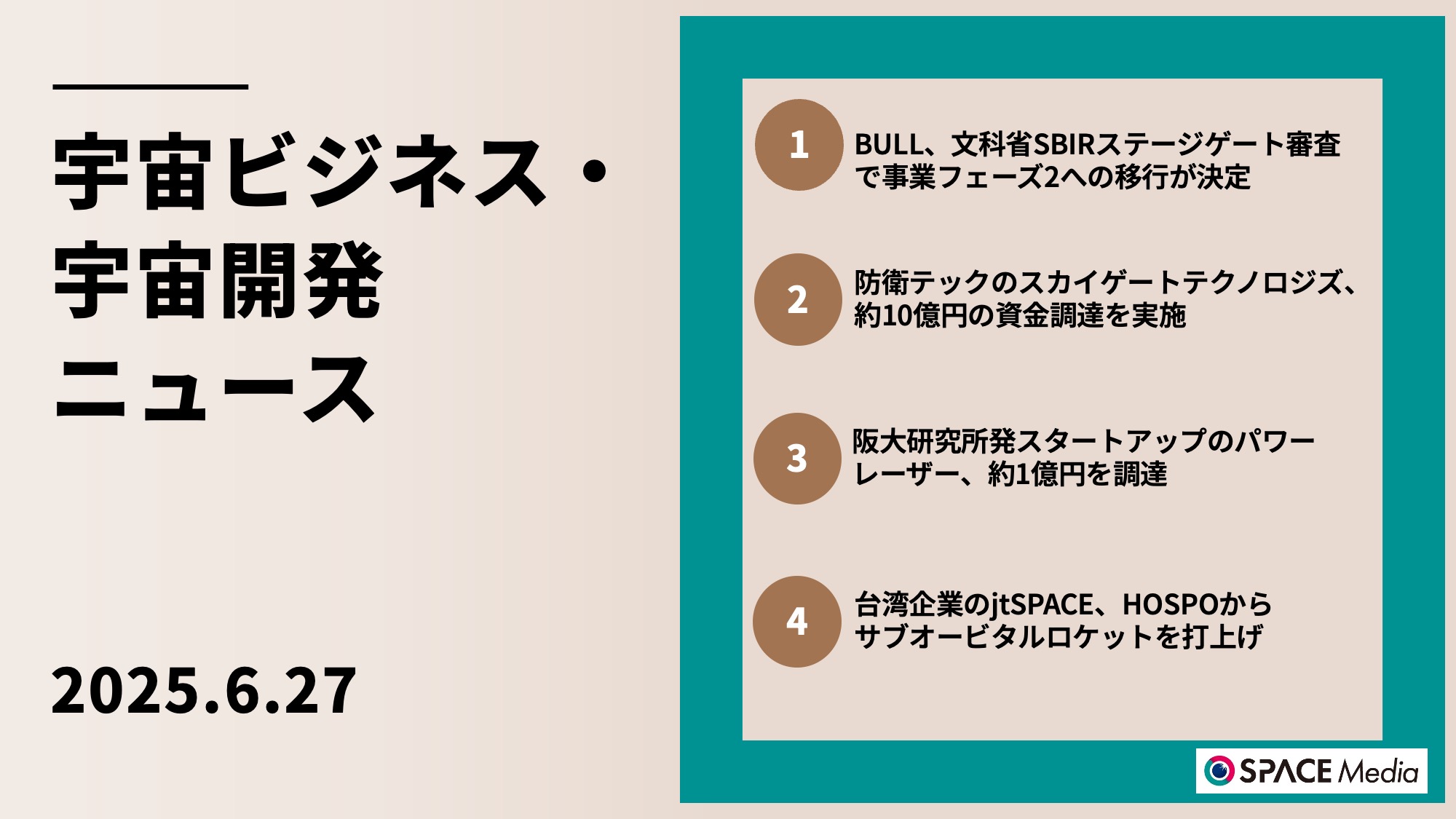 6/27宇宙ニュース・BULL、文科省SBIRステージゲート審査で事業フェーズ2への移行が決定 ほか3件