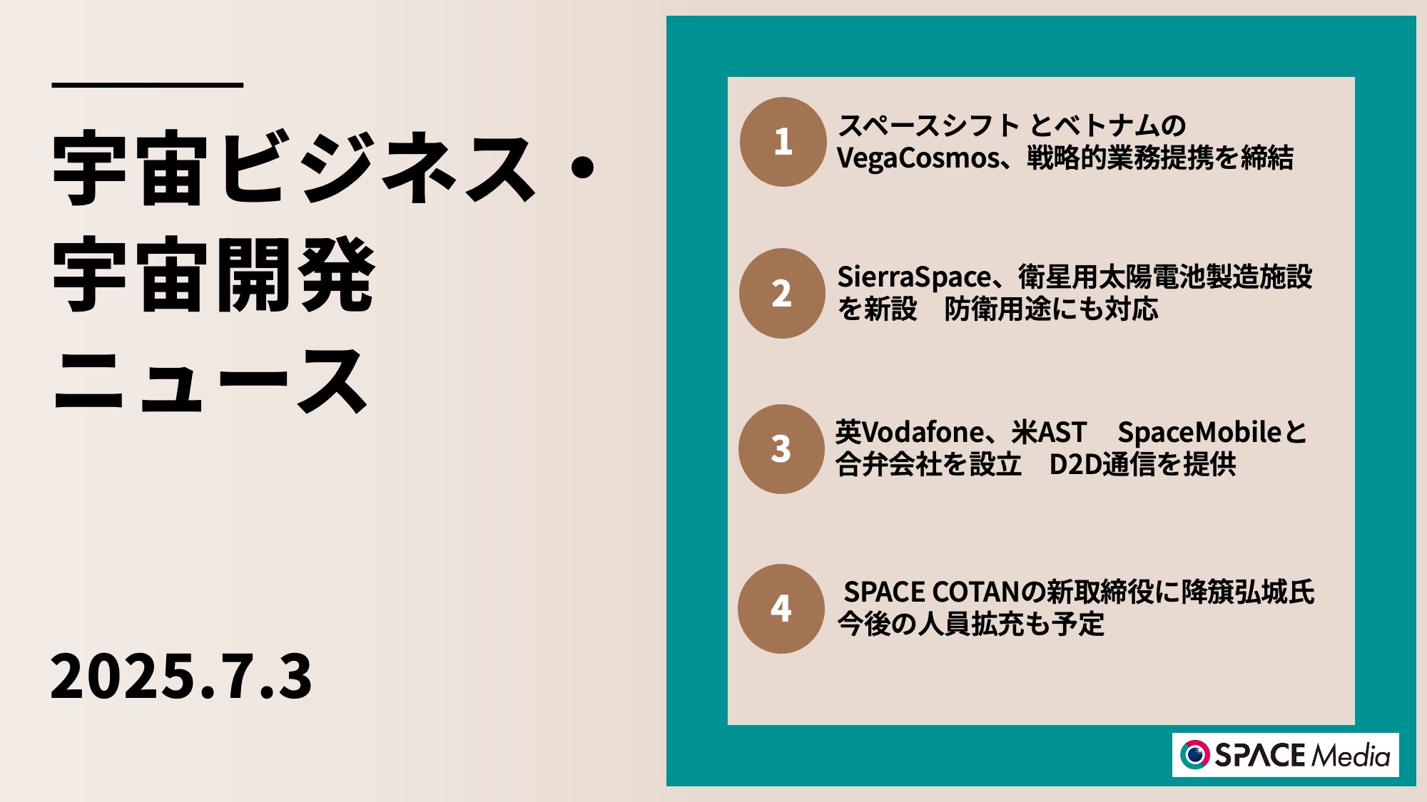 7/3宇宙ニュース・スペースシフトとベトナムのVegaCosmos、戦略的業務提携を締結 ほか3件