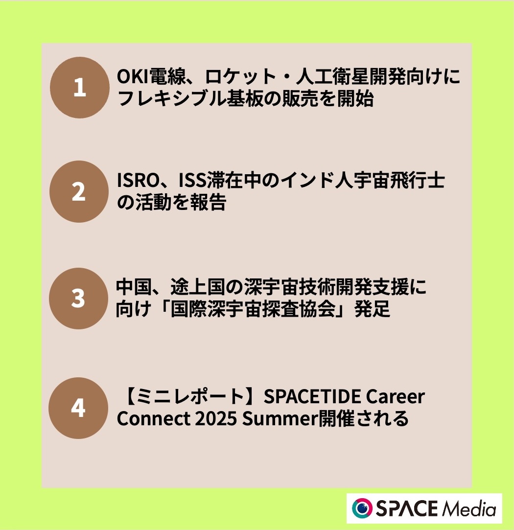 7/7宇宙ニュース・OKI電線、ロケット・人工衛星開発向けにフレキシブル基板の販売を開始 ほか3件