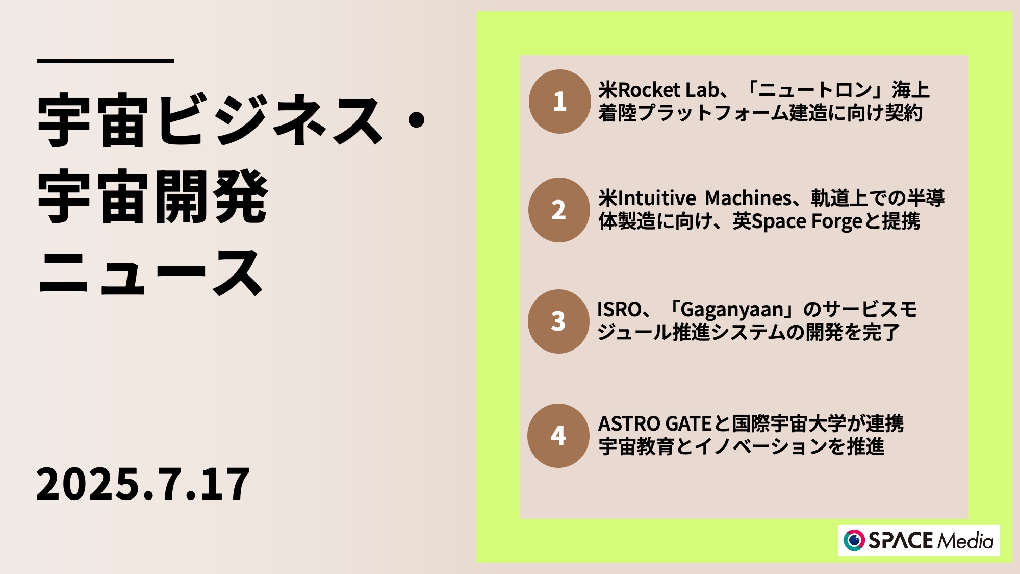 7/17宇宙ニュース・米Rocket Lab、ロケット「ニュートロン」の海上着陸プラットフォーム建造に向け契約 ほか3件