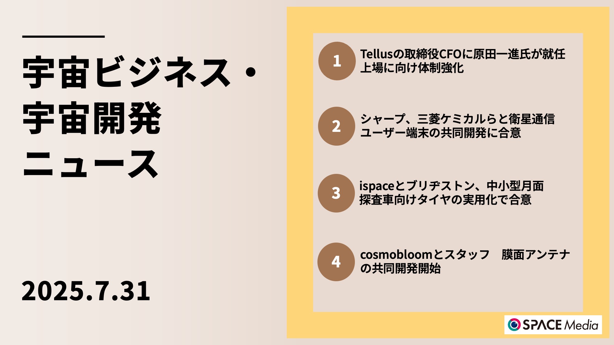 7/31宇宙ニュース・衛星データPF運営のTellus、取締役CFOに原田一進氏が就任 ほか3件