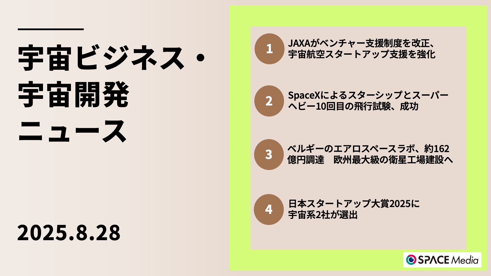 8/28宇宙ニュース・JAXAがベンチャー支援制度を改正、宇宙航空スタートアップ支援を強化 ほか3件