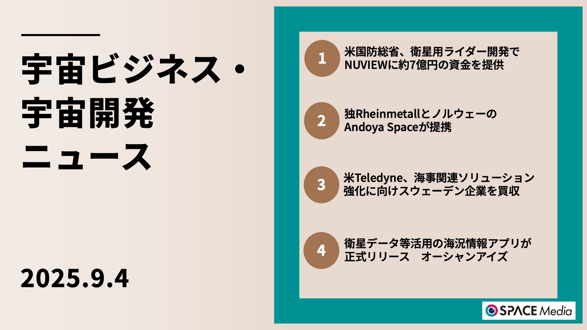 9/4宇宙ニュース・米国防総省、衛星用ライダー開発でNUVIEWに約7億円の資金を提供 ほか3件