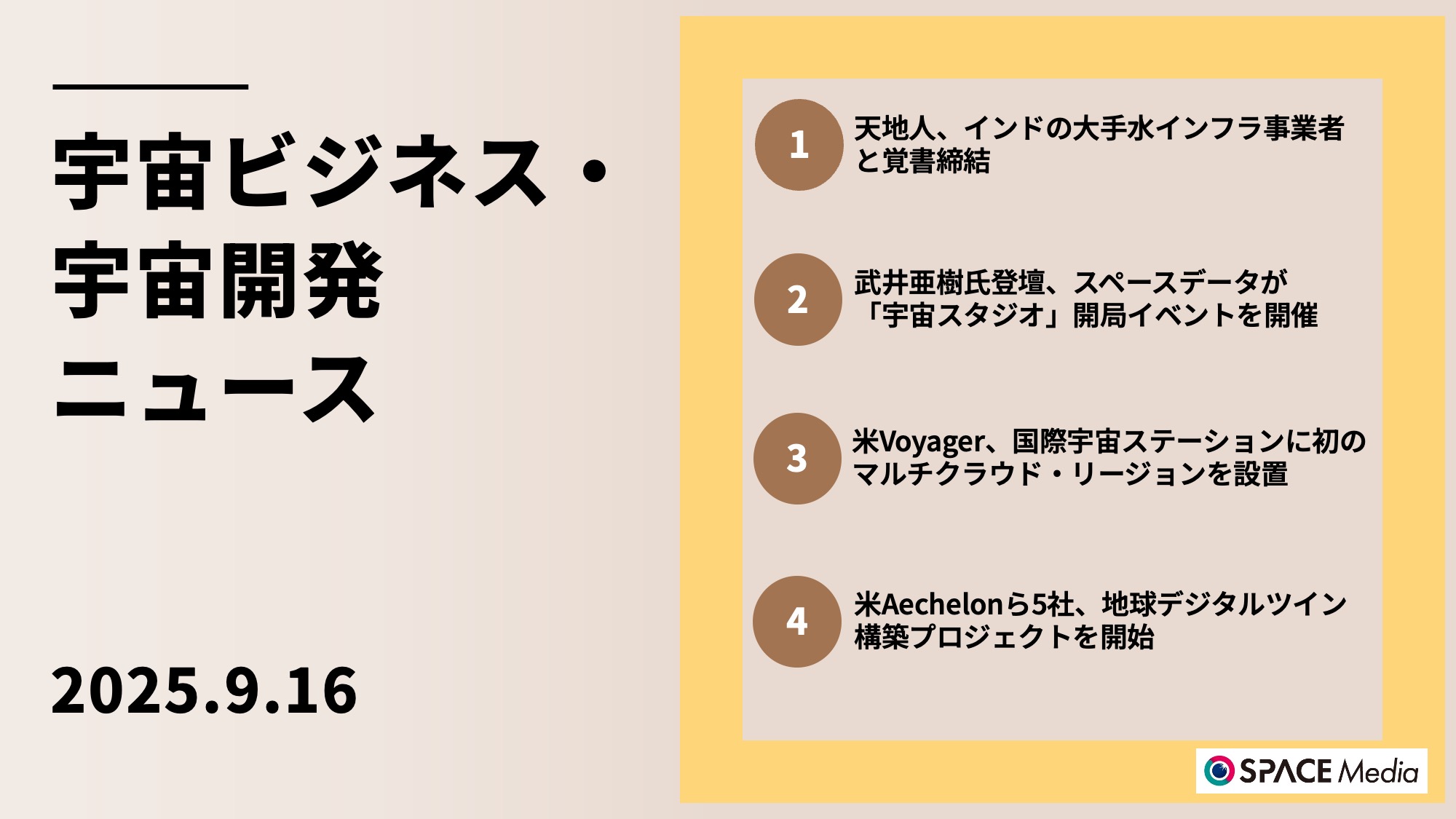 9/16宇宙ニュース・天地人、インドの大手水インフラ事業者と覚書締結 ほか3件
