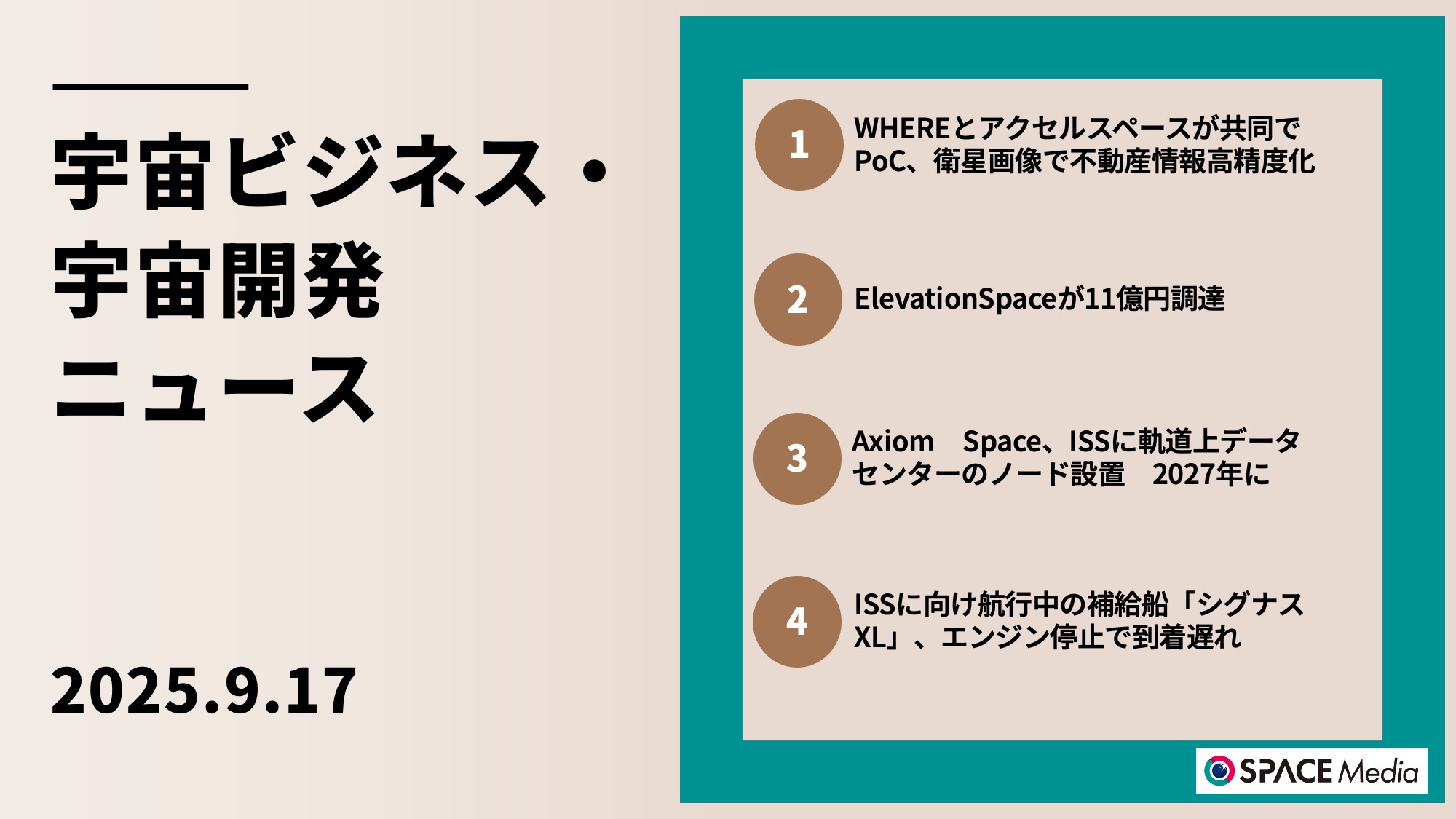 9/17宇宙ニュース・WHEREとアクセルスペースが共同でPoC、不動産登記情報を高精度化 ほか3件