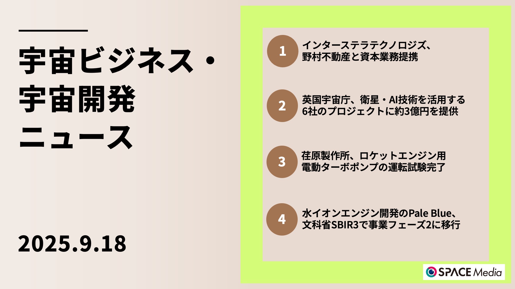 9/18宇宙ニュース・インターステラテクノロジズ、野村不動産と資本業務提携 ほか3件