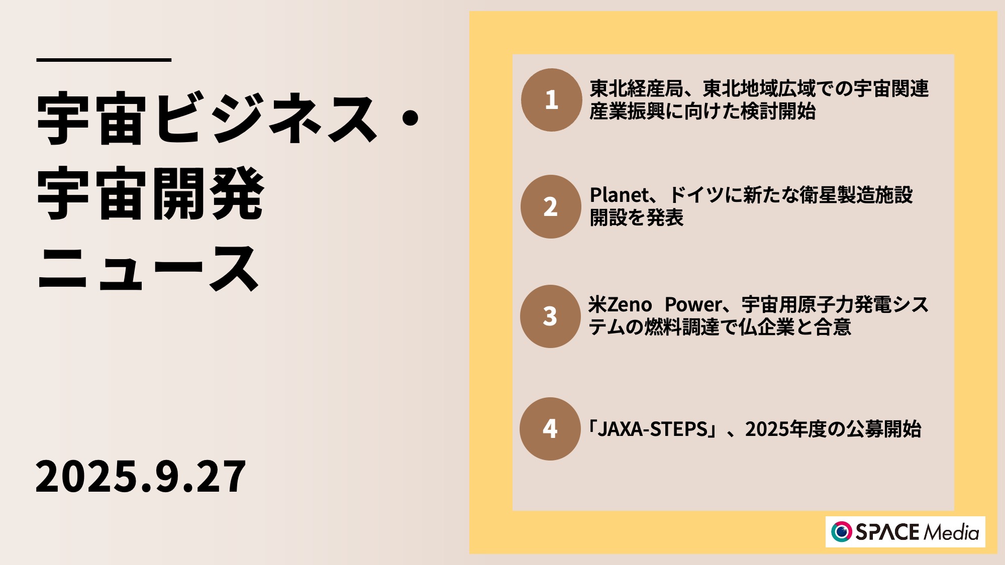 9/29宇宙ニュース・東北経産局、東北地域広域での宇宙関連産業振興に向けた検討開始 ほか3件