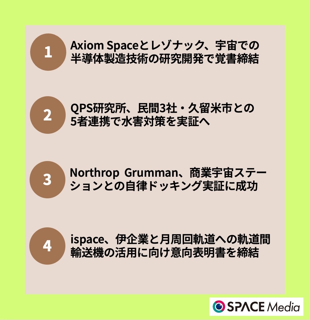 10/1宇宙ニュース・Axiom Spaceとレゾナック、宇宙での半導体製造技術の研究開発で覚書締結 ほか3件