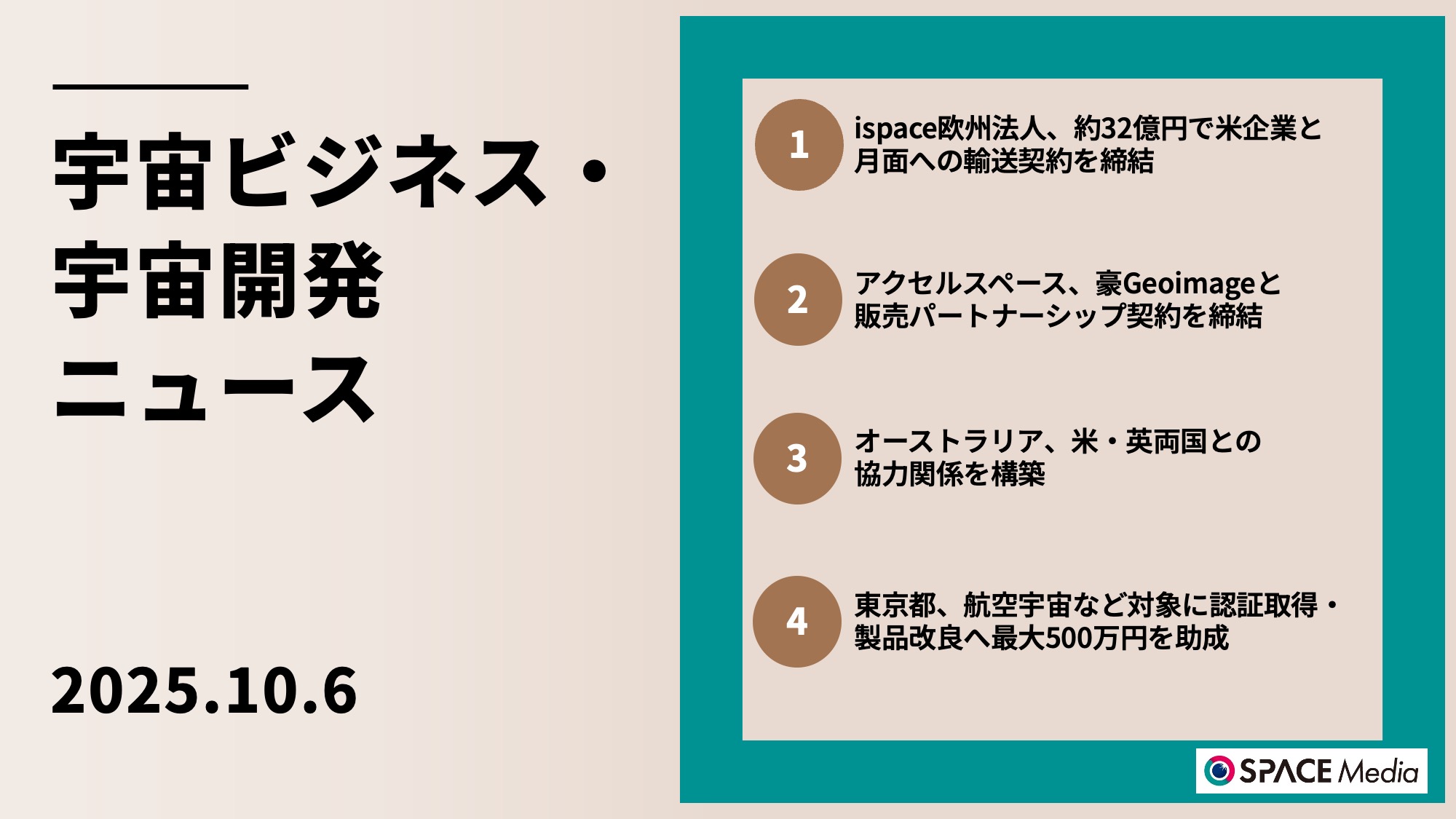 10/6宇宙ニュース・ispace欧州法人、約32億円で米企業と月面への輸送契約を締結 ほか3件