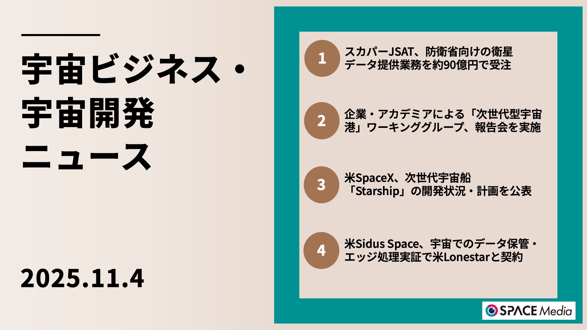 11/4宇宙ニュース・スカパーJSAT、防衛省向けの衛星データ提供業務を約90億円で受注 ほか3件