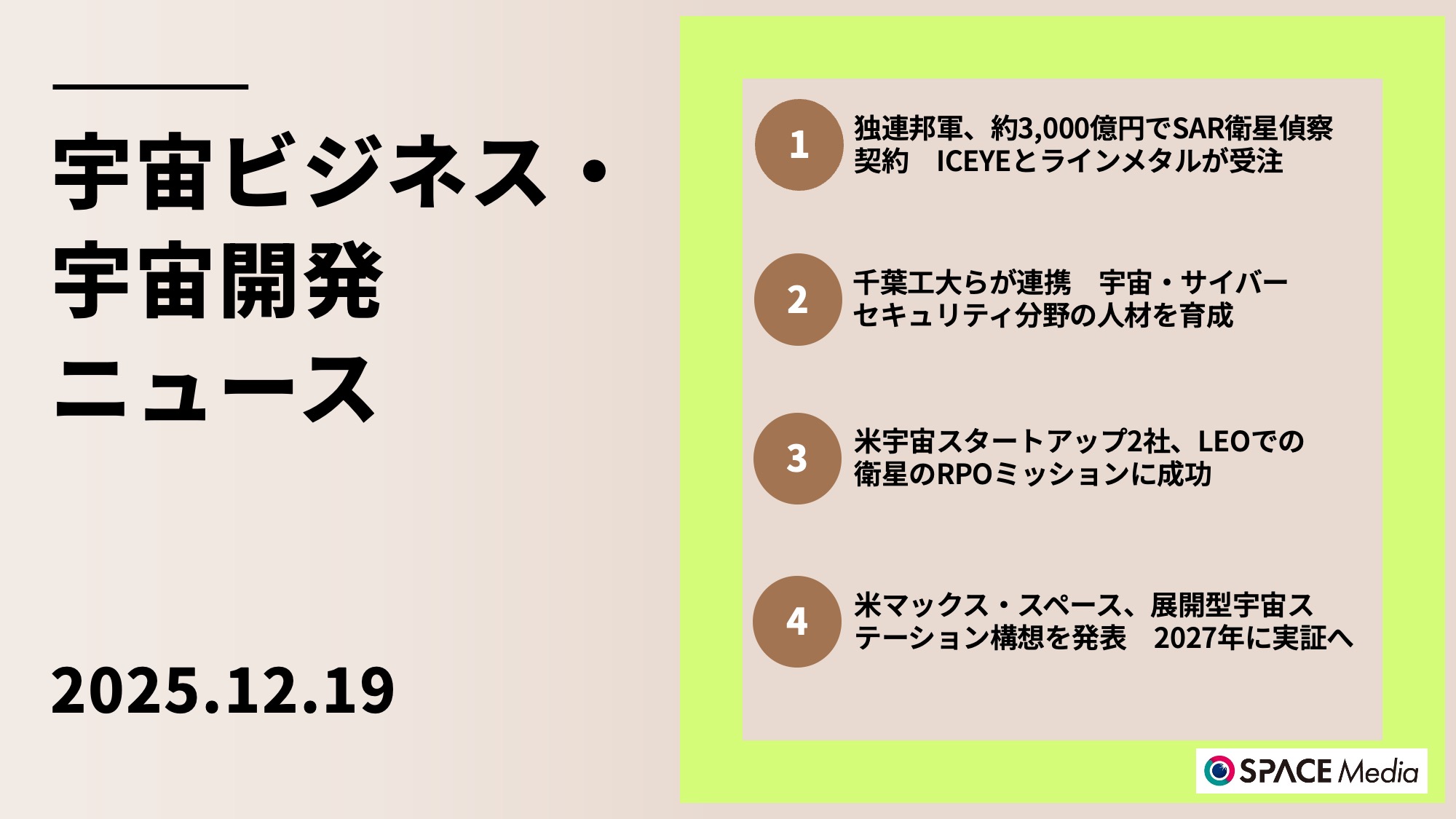12/19宇宙ニュース・独連邦軍、約3,000億円でSAR衛星偵察契約　ICEYEとラインメタルが受注 ほか3件
